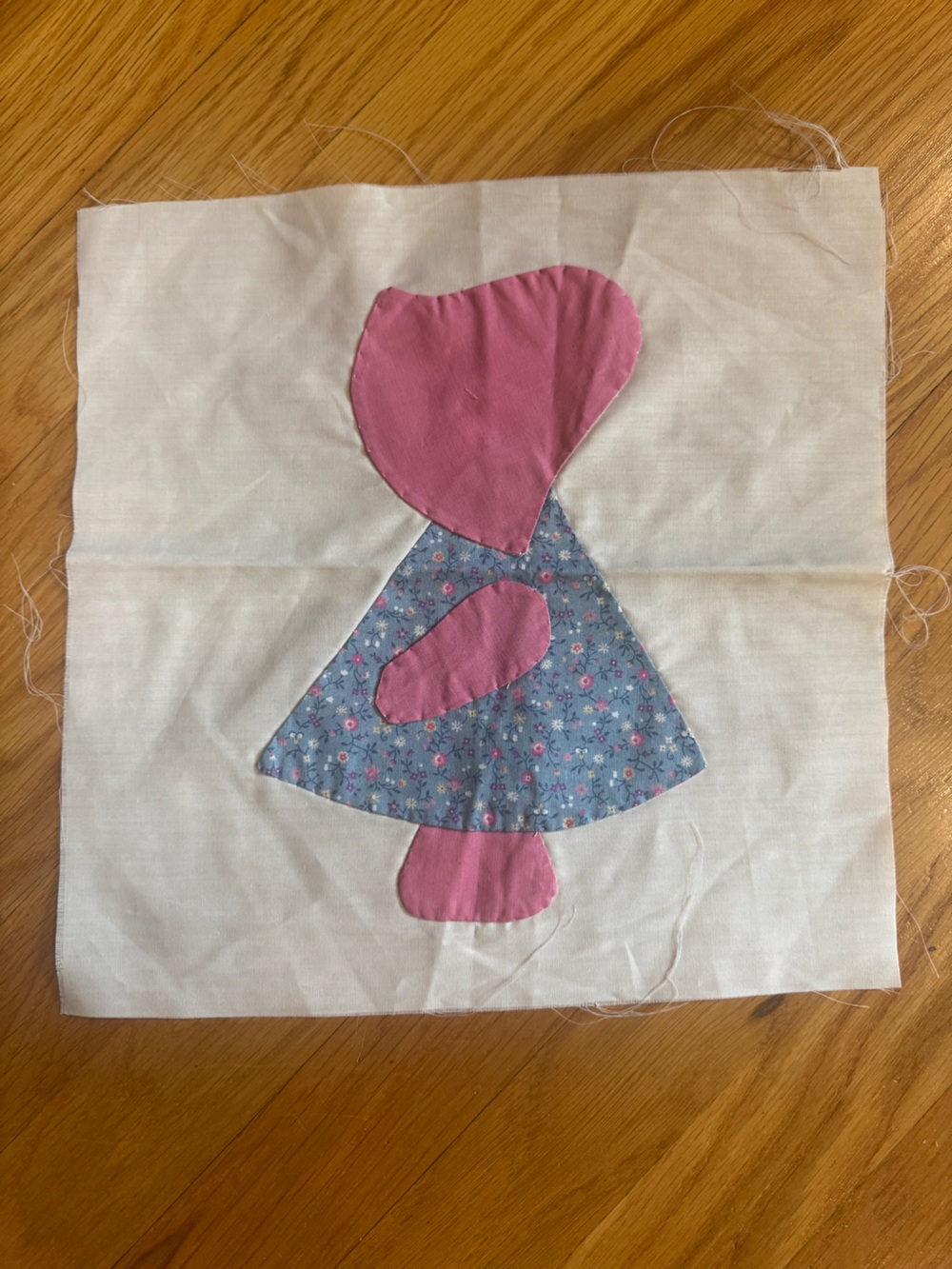 Handmade Appliqué Sunbonnet Girl Quilt Block - Pink & Blue